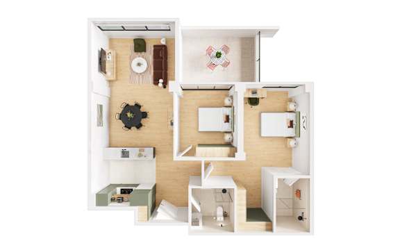 A white dollhouse with a black clock on the wall.