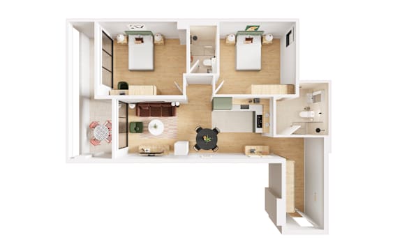 A white and wood floor plan of a house with a kitchen, living room, and two bedrooms.