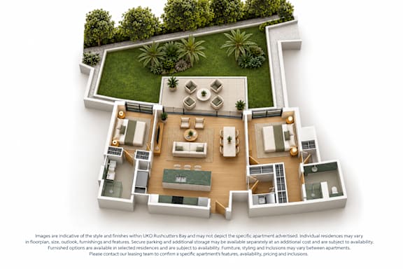 A top-down view of a residential layout with a central courtyard and surrounding rooms.
