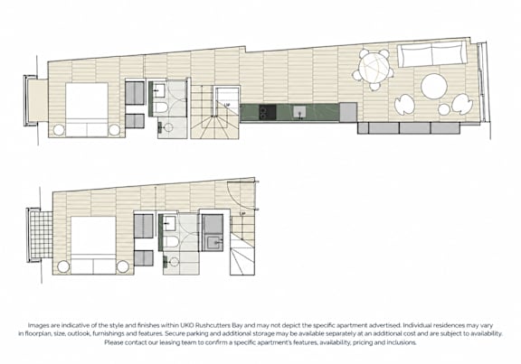A floor plan of a residential apartment with two bedrooms, a living room, a kitchen, and a bathroom.