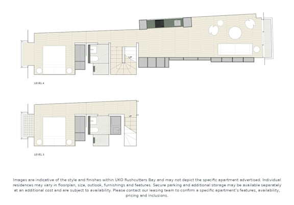 A floor plan of a building with two levels, showing the layout of rooms and doors.