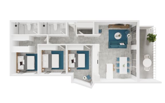 a 3d floor plan of a hotel room with blue and white accents