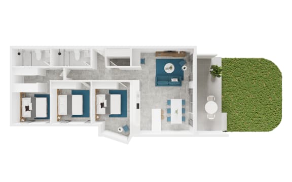 a floor plan of a white and blue house with a green wall