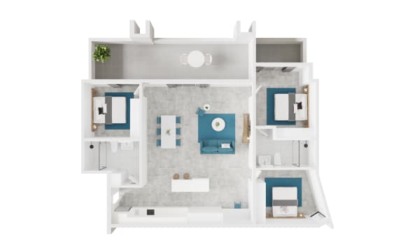 a floor plan of a bedroom apartment with furniture and a bathroom