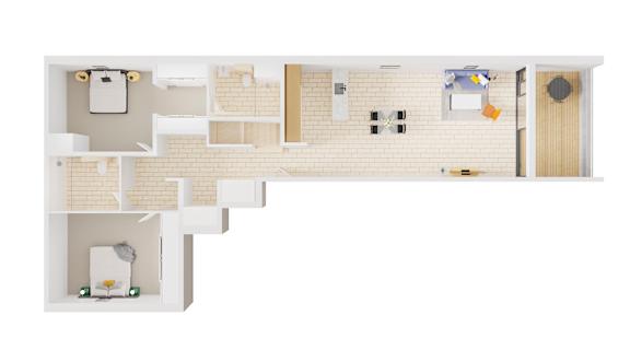 A drawing of a house with a kitchen, living room, and bathroom.
