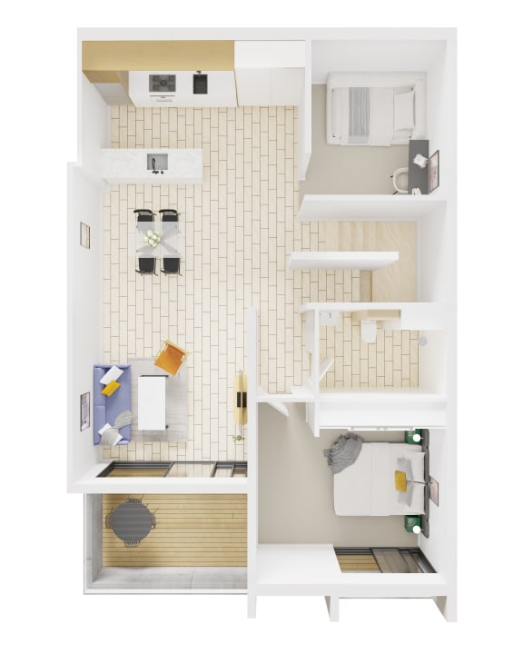 a 3d rendering of a residential floor plan with a bathroom and a kitchen