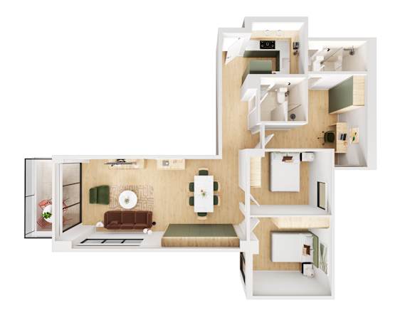 A 3D floor plan of a house with a kitchen, living room, and bedrooms.