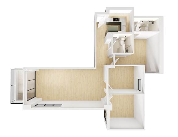 A white and wood floor plan of a house with a kitchen, living room, and bedrooms.