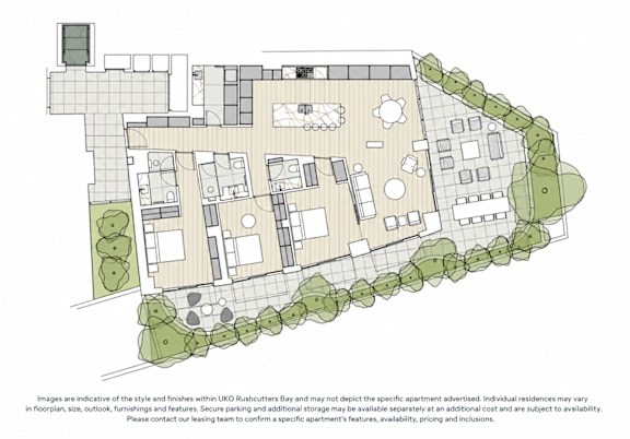 A floor plan of a residential building with multiple apartments and a common garden area.