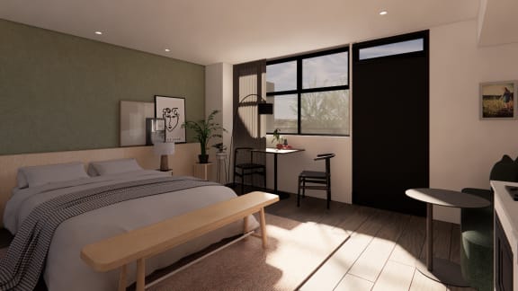 an artist rendering of a bedroom with a bed and a desk
