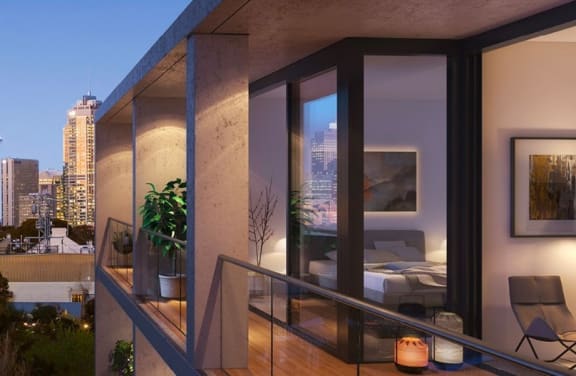 a rendering of a bedroom with a balcony overlooking the city