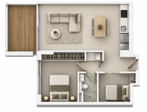 A top-down view of a modern apartment layout with a kitchen, living room, and bathroom.