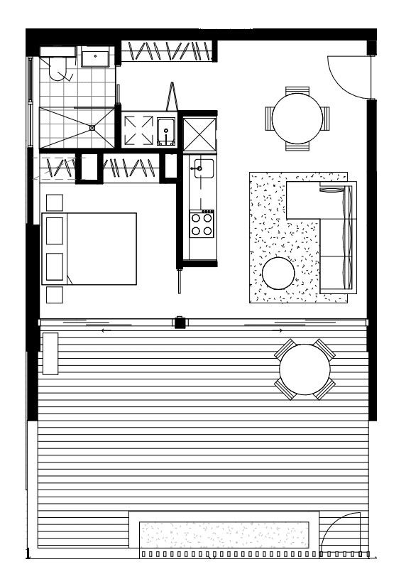 A black and white floor plan of a house with a kitchen, living room, and bathroom.