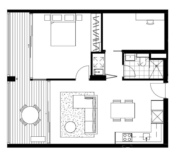 A black and white floor plan of a house with a kitchen, living room, and bathroom.