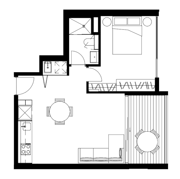 A black and white floor plan of a house with a kitchen, living room, and bathroom.