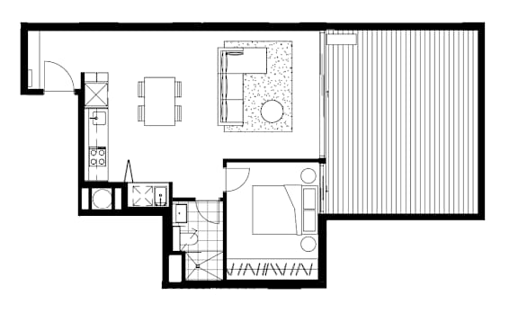A black and white floor plan of a house with a kitchen, living room, and bathroom.
