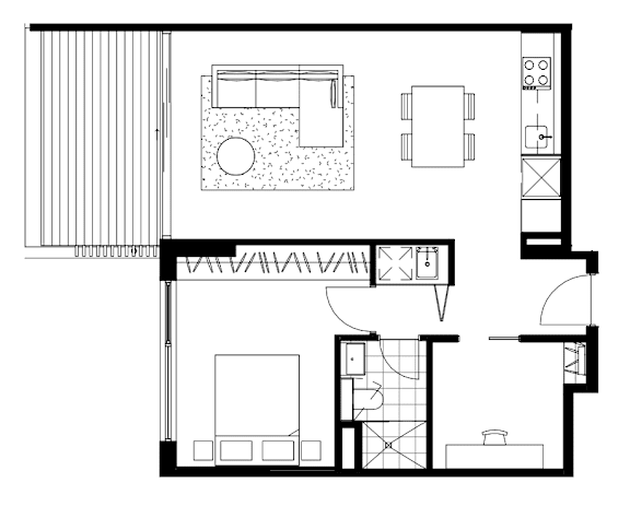 A black and white floor plan of a house with a kitchen, living room, and bathroom.
