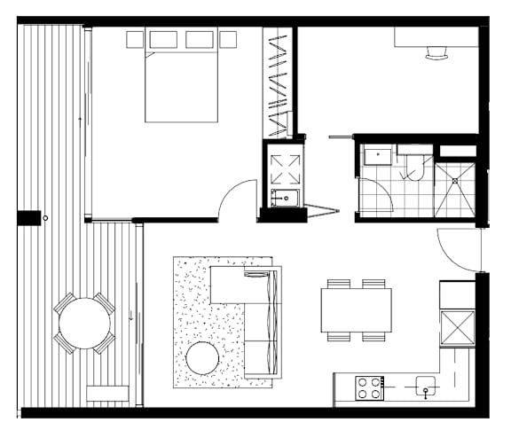 A black and white floor plan of a house with a kitchen, living room, and bathroom.