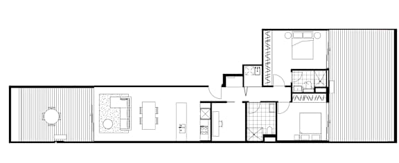 A black and white floor plan of a house with a kitchen, living room, and bedrooms.