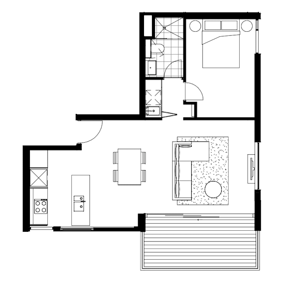 A black and white floor plan of a house with a kitchen, living room, and bathroom.