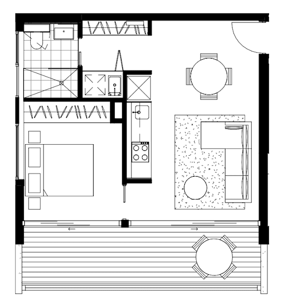 A black and white floor plan of a house with a kitchen, living room, and bathroom.