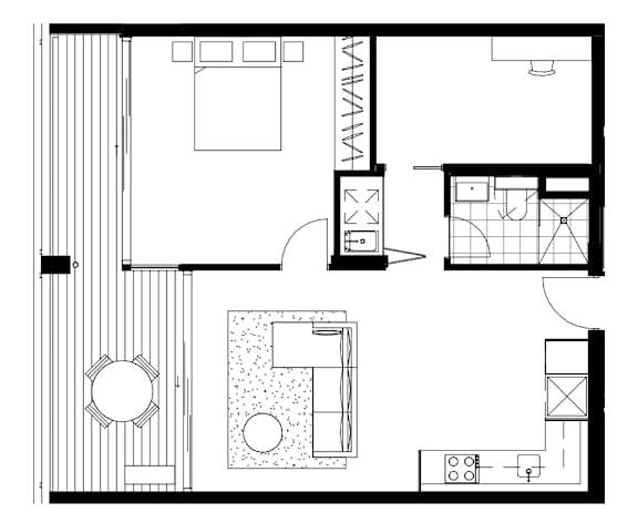 A black and white floor plan of a house with a kitchen, living room, and bathroom.