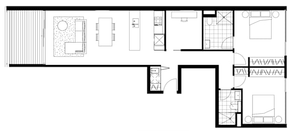 A black and white drawing of a house layout.
