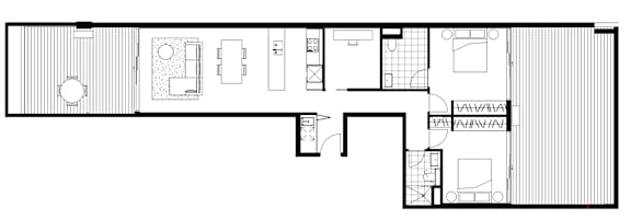 A floor plan of an apartment with two bedrooms and two bathrooms.