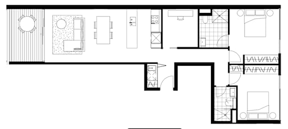 A black and white floor plan of a house with a kitchen, living room, and bathrooms.