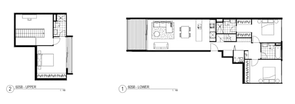 A floor plan of a two-story building with a living room, kitchen, and bathrooms.