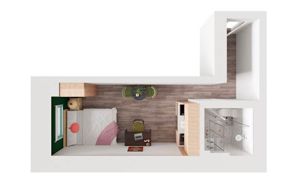 A modern bedroom with a bed, nightstand, and a wall clock.