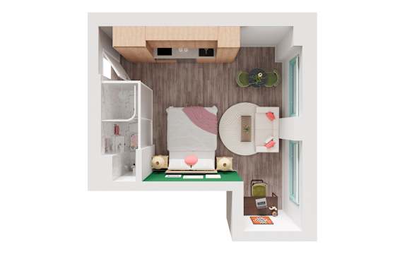 A top-down view of a small, neatly organized bedroom with a bed, desk, and chair.