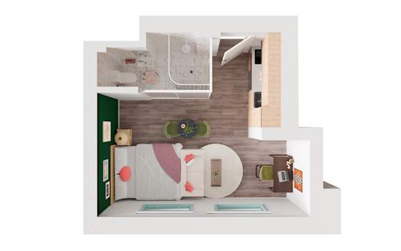 A modern living room with a grey sofa and a wooden floor.