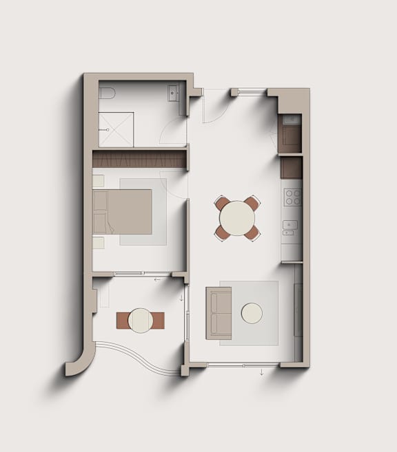 A floor plan of a house with a kitchen, living room, and two bathrooms.