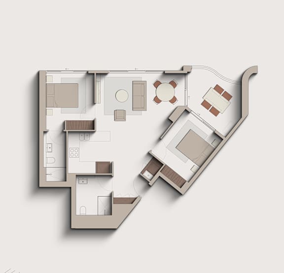 A 3D rendered image of a house layout.
