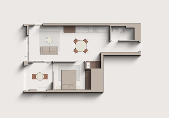 A floor plan of a house with a kitchen, living room, and two bedrooms.