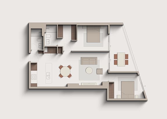 A floor plan of a house with a kitchen, living room, and two bedrooms.