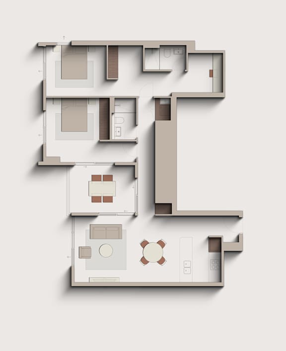 A floor plan of a house with a kitchen, living room, and two bedrooms.