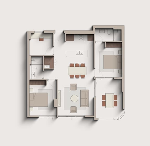 A floor plan of a house with a kitchen, living room, and two bedrooms.