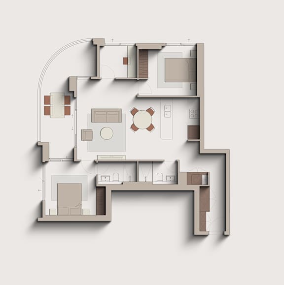 A floor plan of a house with a kitchen, living room, and two bedrooms.