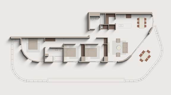 A floor plan of a building with multiple rooms and a courtyard.
