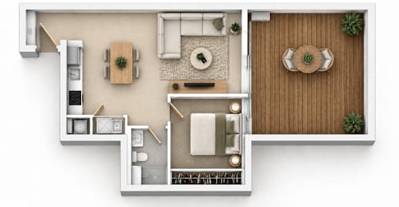 A top-down view of a small apartment with a kitchen, living room, and bathroom.