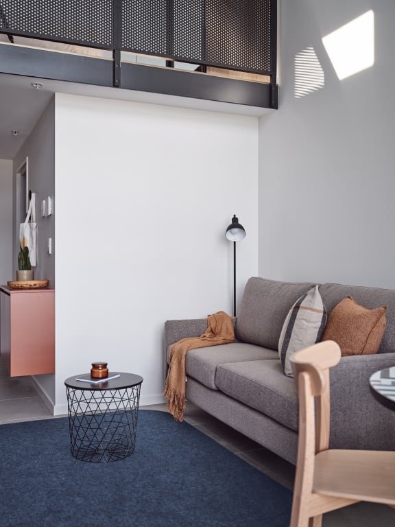 a living room with a gray couch and a blue rug