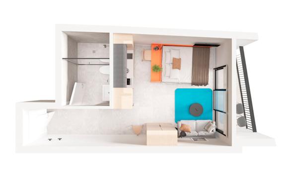 a model of a studio apartment with a blue chair and a couch