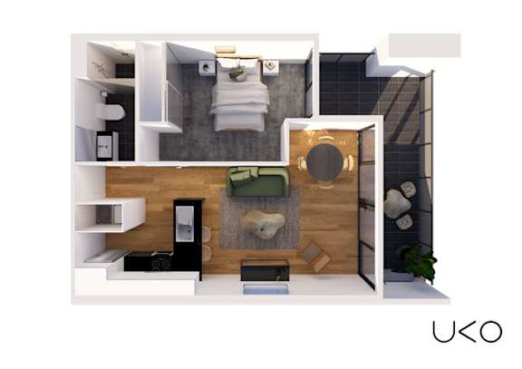 A modern apartment layout with a kitchen, living room, and bedroom.