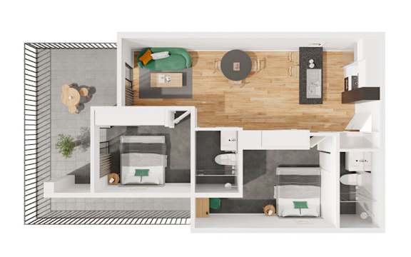 A top-down view of a modern apartment layout with a kitchen, living room, and bedroom.