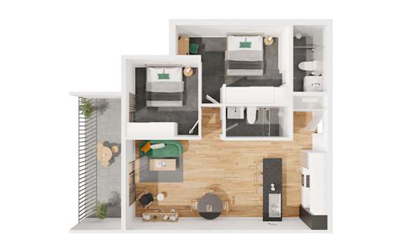 A modern apartment layout with a kitchen, living room, and bathroom.