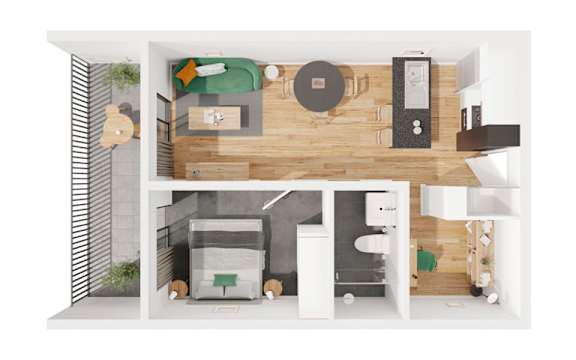 A modern apartment layout with a kitchen, living room, and bedroom.