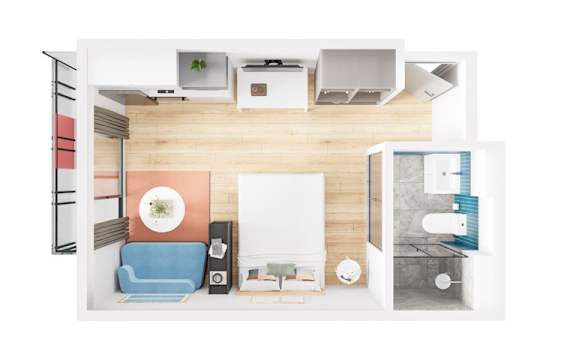 a top view of a bedroom with a living room and a bathroom