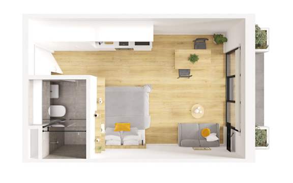 A modern living room with a grey sofa and a wooden wall.